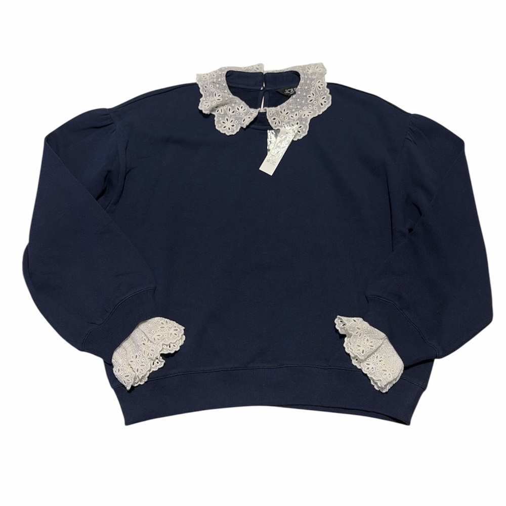 NWT J.Crew Lace Collar Crewneck Sweatshirt Sz M Coastal Feminine Preppy